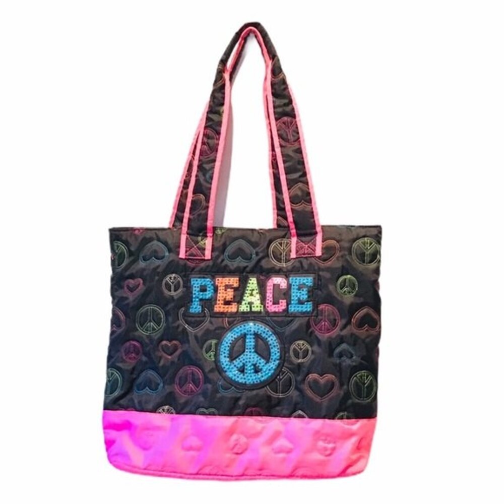 Justice Peace Tote Bag Quilted Sequin Black and Hot Pink